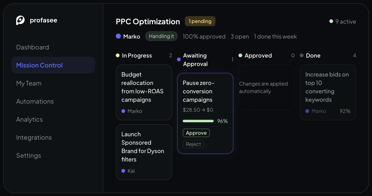 Mission Control. Every agent's decisions, alerts, and approvals in one view.